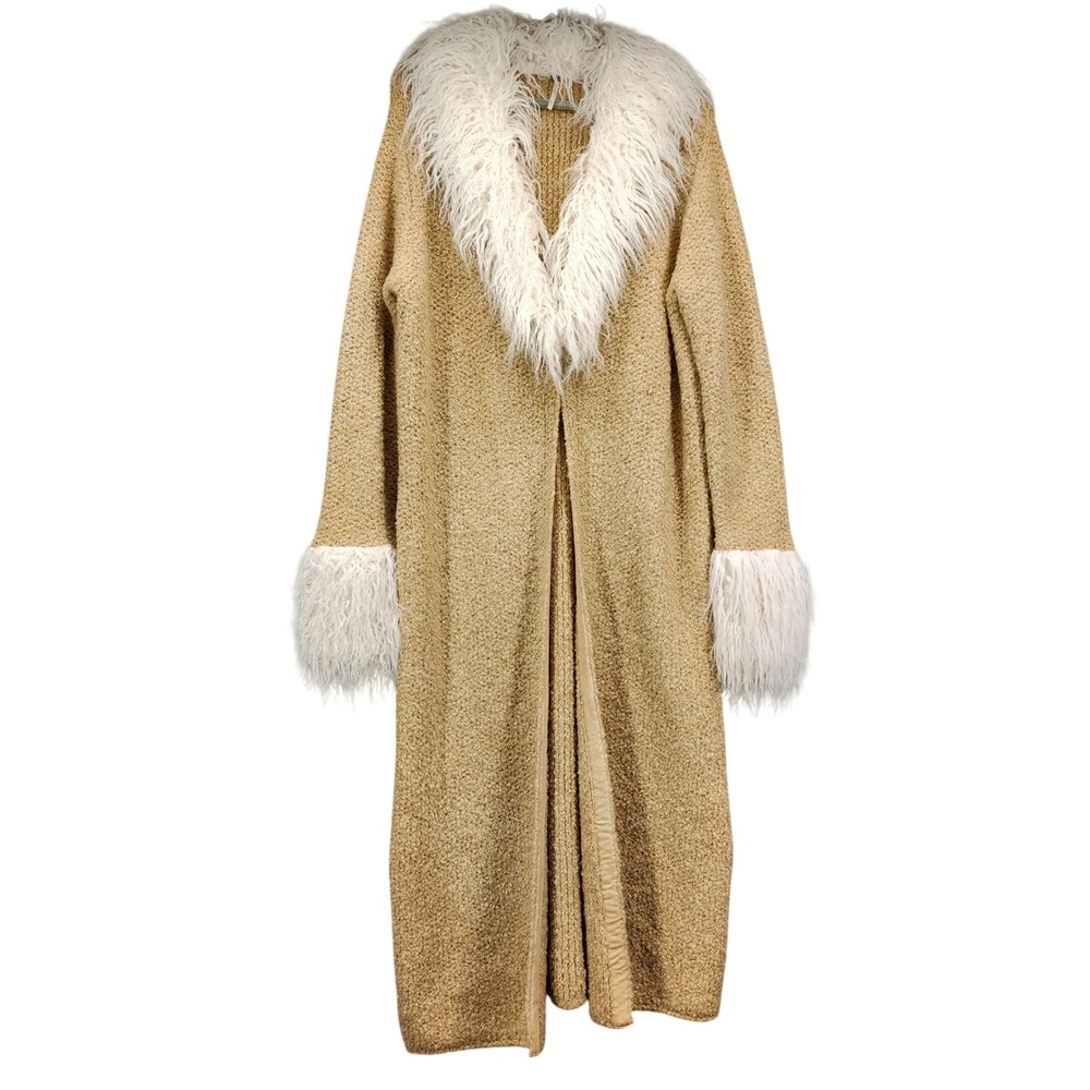 Free People Tan Boucle Faux Fur Trim Duster Cardigan Sweater Coat Large